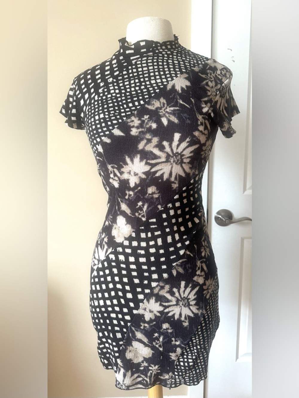 Black and Cream Print Mini Dress